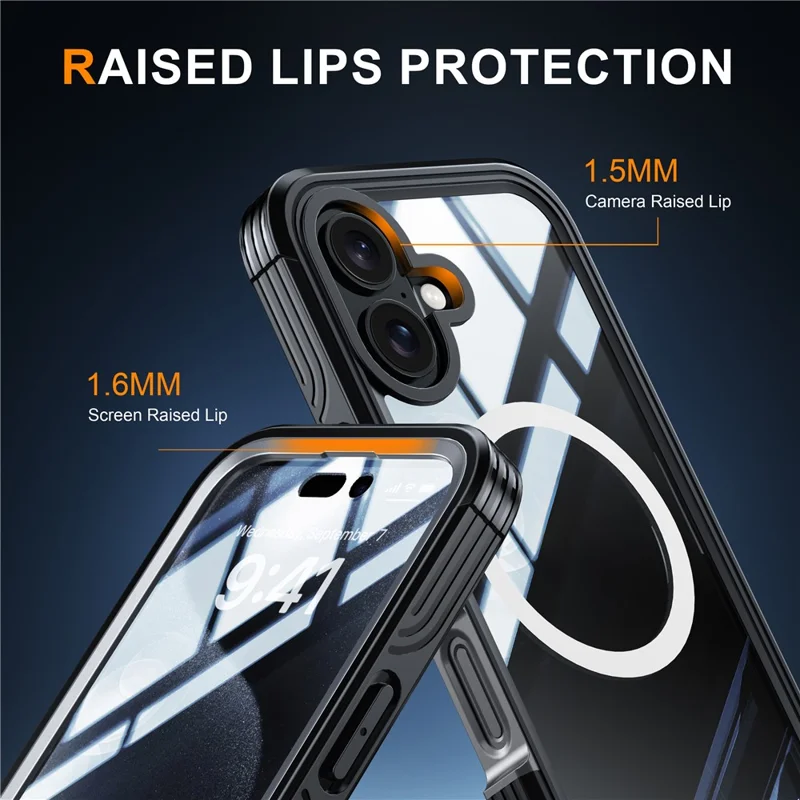 For iPhone 16 Plus Magnetic Case with Screen Film Full Protection PC + TPU Phone Cover - Black  /  Grey