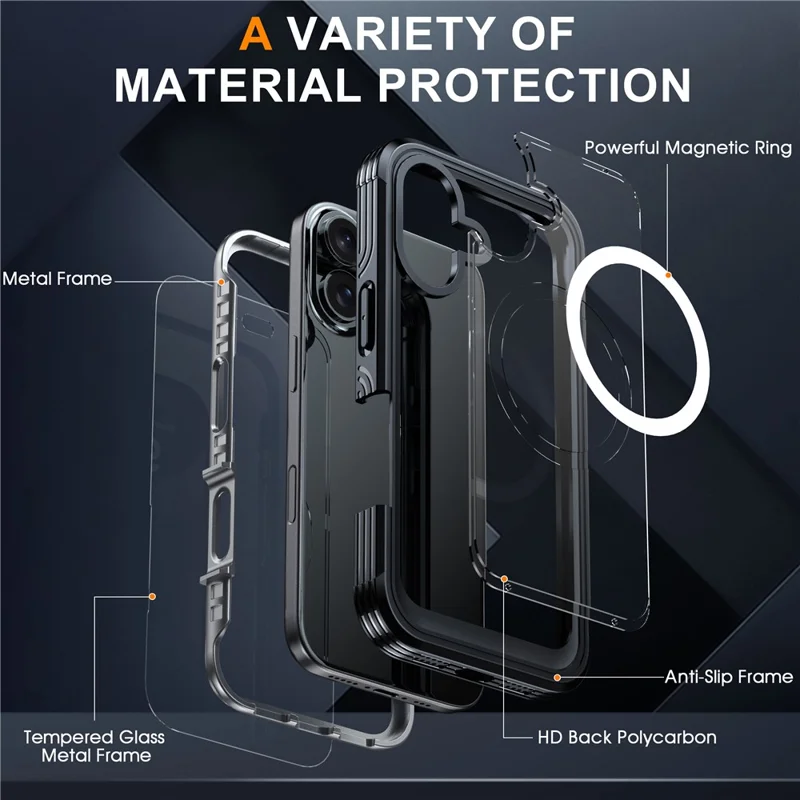 For iPhone 16 Plus Magnetic Case with Screen Film Full Protection PC + TPU Phone Cover - Black  /  Grey