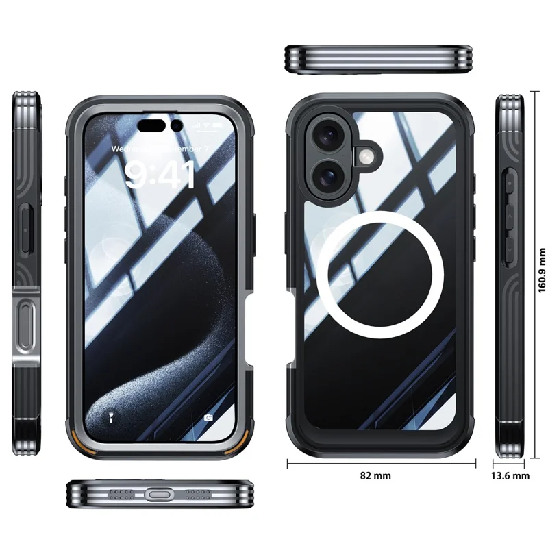 For iPhone 16 Plus Magnetic Case with Screen Film Full Protection PC + TPU Phone Cover - Black  /  Grey