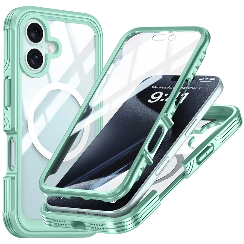For iPhone 16 Plus Magnetic Case with Screen Film Full Protection PC + TPU Phone Cover - Green