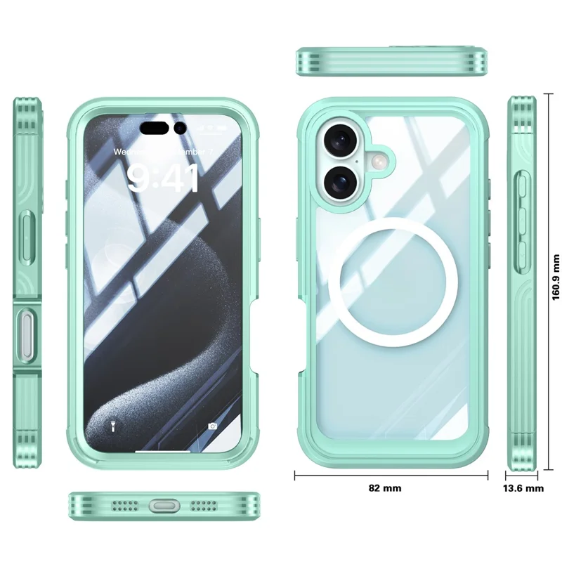 For iPhone 16 Plus Magnetic Case with Screen Film Full Protection PC + TPU Phone Cover - Green