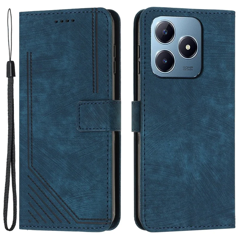 For Realme Note 60x 4G / C63 4G / C61 4G / Note 60 Case Lines Imprinted PU Leather Wallet Stand Phone Cover - Sapphire