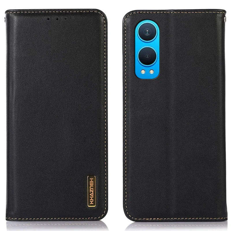KHAZNEH For OnePlus Nord CE4 Lite 5G / Oppo K12x 5G (China) Case Genuine Cow Leather Phone Cover - Black