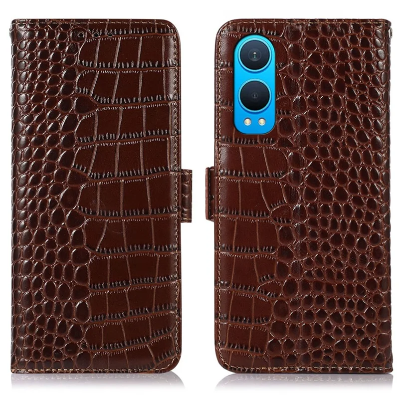 For OnePlus Nord CE4 Lite 5G / Oppo K12x 5G (China) Case Genuine Cow Leather RFID Blocking Wallet Cover - Brown