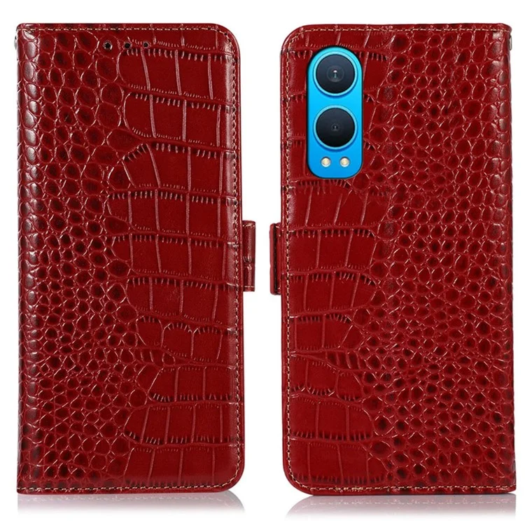 For OnePlus Nord CE4 Lite 5G / Oppo K12x 5G (China) Case Genuine Cow Leather RFID Blocking Wallet Cover - Red