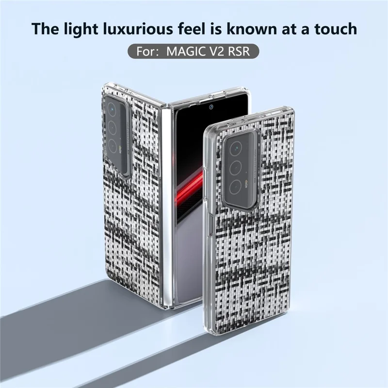 For Honor Magic V2 RSR Porsche Design Case Plaid Texture Clear Edge Leather+PC Phone Cover - Black+White