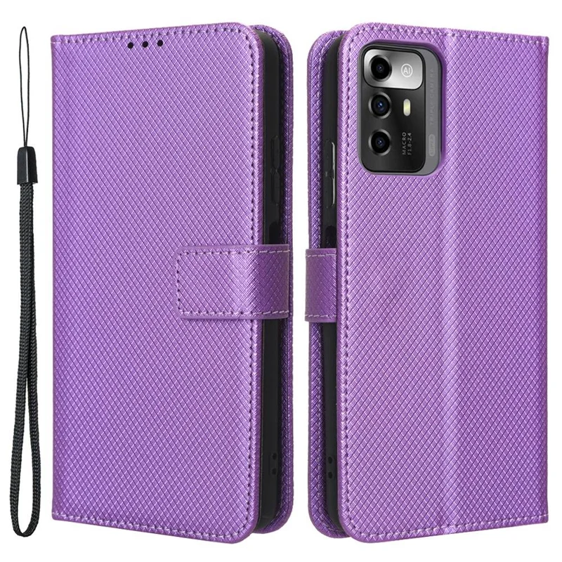 For ZTE Blade A72 5G PU Leather Stand Case Diamond Texture Anti-scratch Folio Flip Phone Wallet Cover - Purple