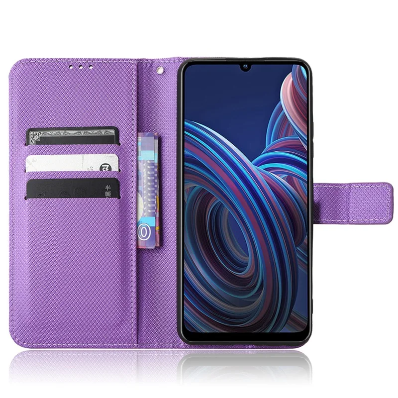 For ZTE Blade A72 5G PU Leather Stand Case Diamond Texture Anti-scratch Folio Flip Phone Wallet Cover - Purple