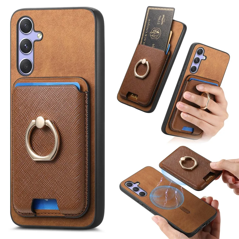 For Samsung Galaxy A34 5G Magnetic Phone Case Leather+TPU Cover Ring Kickstand - Brown
