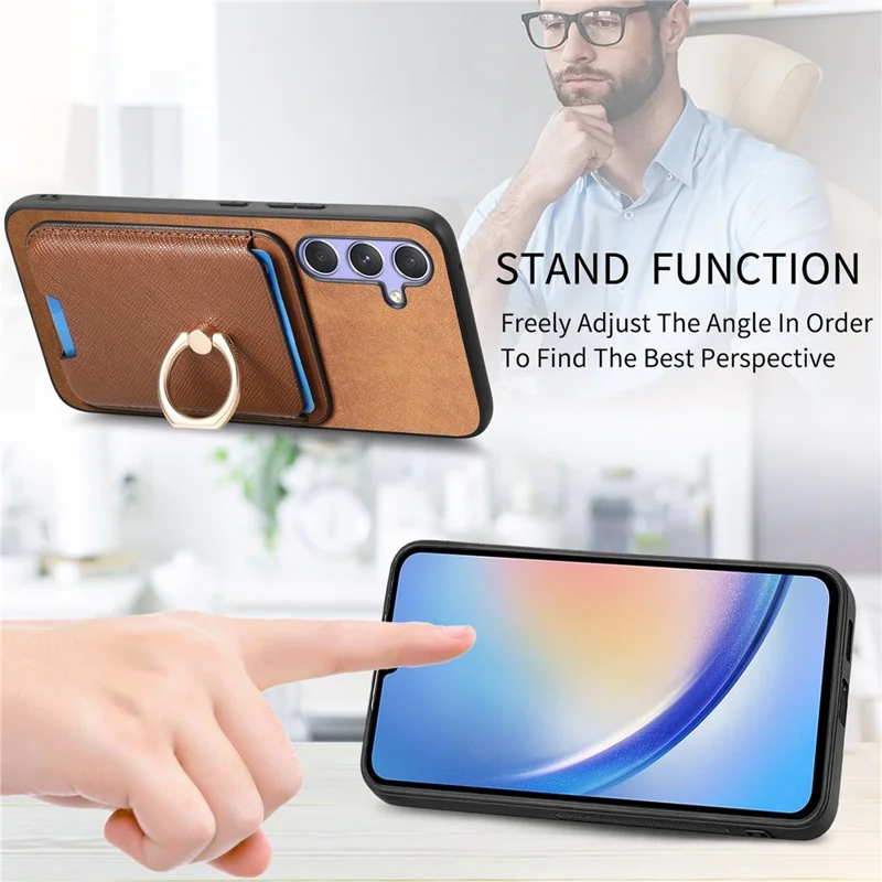 For Samsung Galaxy A34 5G Magnetic Phone Case Leather+TPU Cover Ring Kickstand - Brown