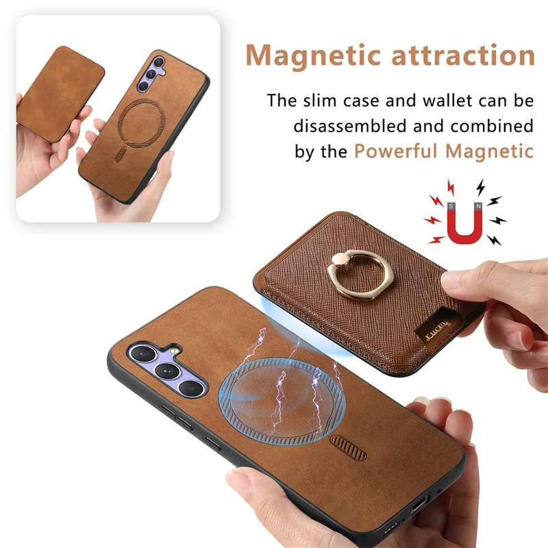 For Samsung Galaxy A34 5G Magnetic Phone Case Leather+TPU Cover Ring Kickstand - Brown