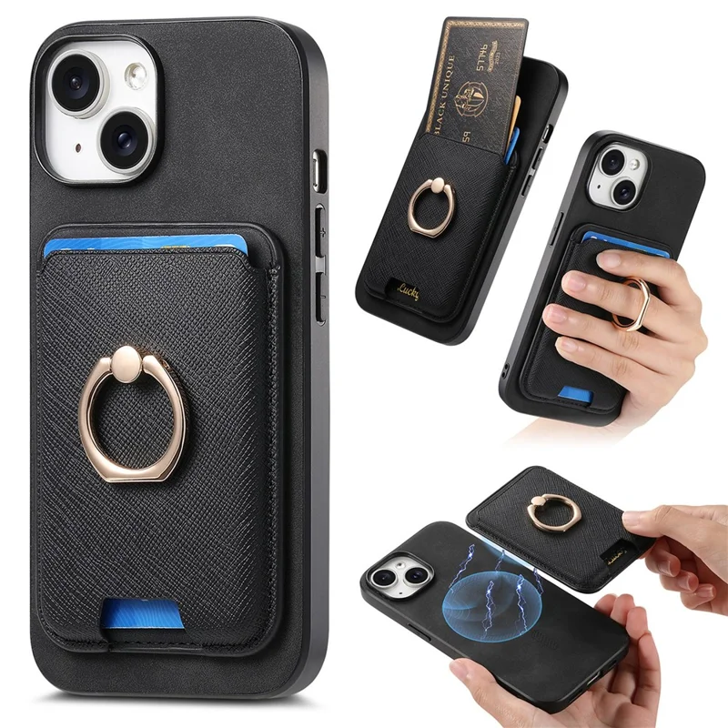 For iPhone 14 Case Ring Kickstand Phone Cover with Detachable Magnetic Card Slot - Black