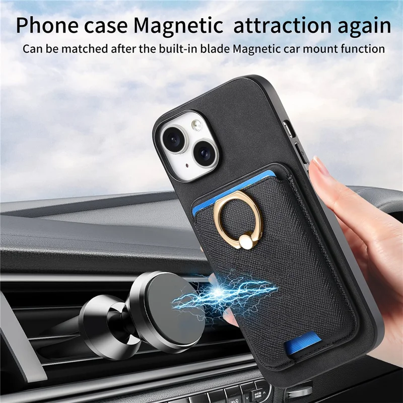 For iPhone 14 Case Ring Kickstand Phone Cover with Detachable Magnetic Card Slot - Black