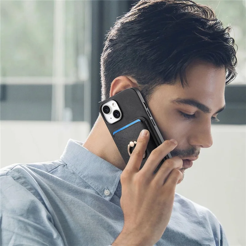 For iPhone 14 Case Ring Kickstand Phone Cover with Detachable Magnetic Card Slot - Black