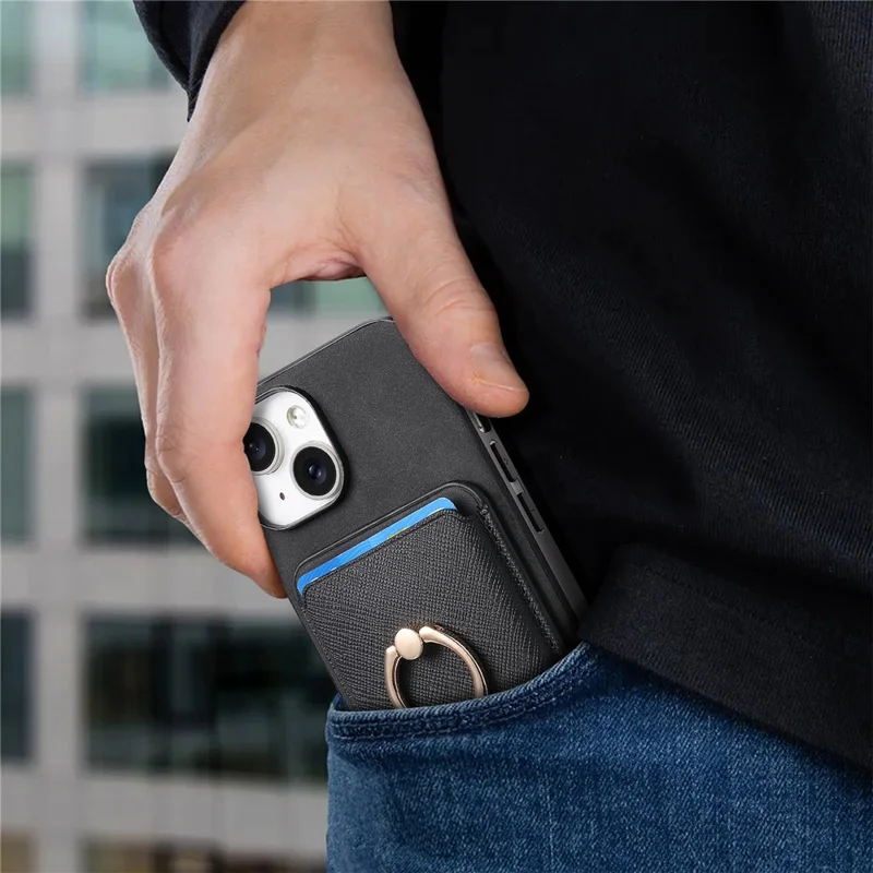 For iPhone 14 Case Ring Kickstand Phone Cover with Detachable Magnetic Card Slot - Black