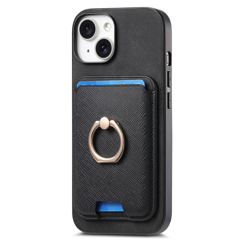For iPhone 14 Case Ring Kickstand Phone Cover with Detachable Magnetic Card Slot - Black
