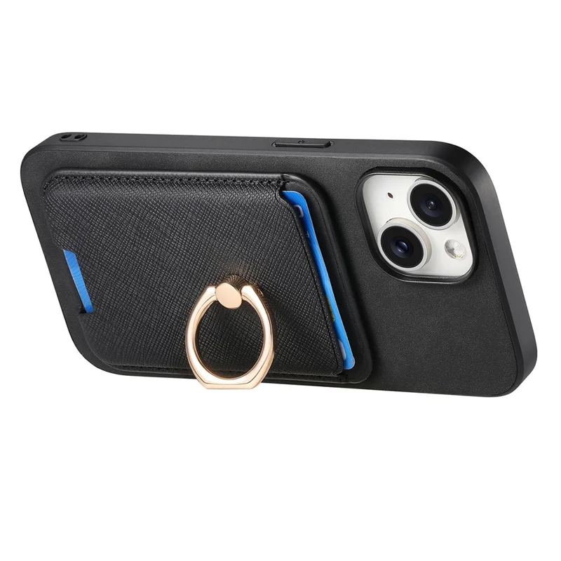 For iPhone 14 Case Ring Kickstand Phone Cover with Detachable Magnetic Card Slot - Black