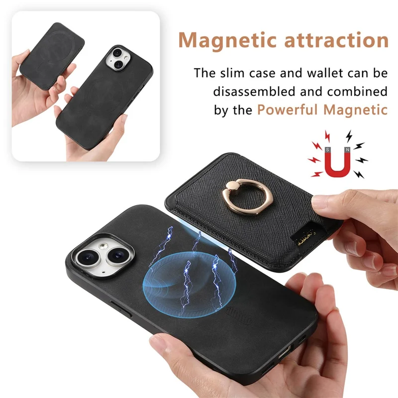 For iPhone 14 Case Ring Kickstand Phone Cover with Detachable Magnetic Card Slot - Black