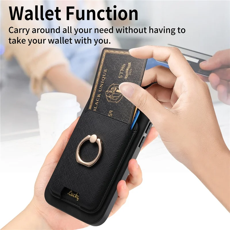 For iPhone 14 Case Ring Kickstand Phone Cover with Detachable Magnetic Card Slot - Black