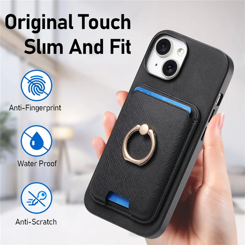 For iPhone 14 Case Ring Kickstand Phone Cover with Detachable Magnetic Card Slot - Black