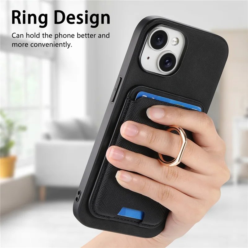For iPhone 14 Case Ring Kickstand Phone Cover with Detachable Magnetic Card Slot - Black