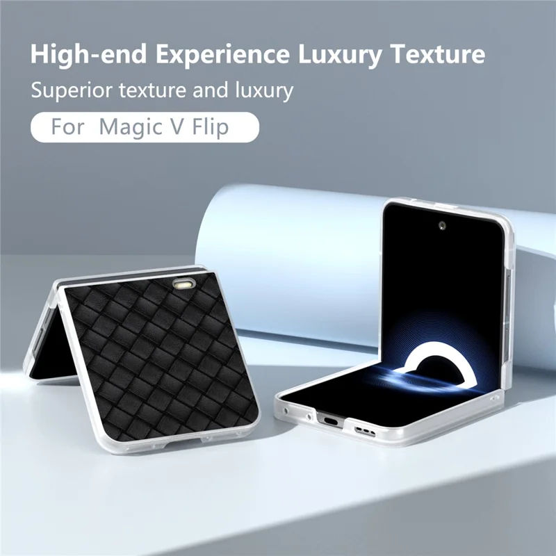 For Honor Magic V Flip 5G Case Woven Texture Matte Edge Leather+PC Phone Cover - Black