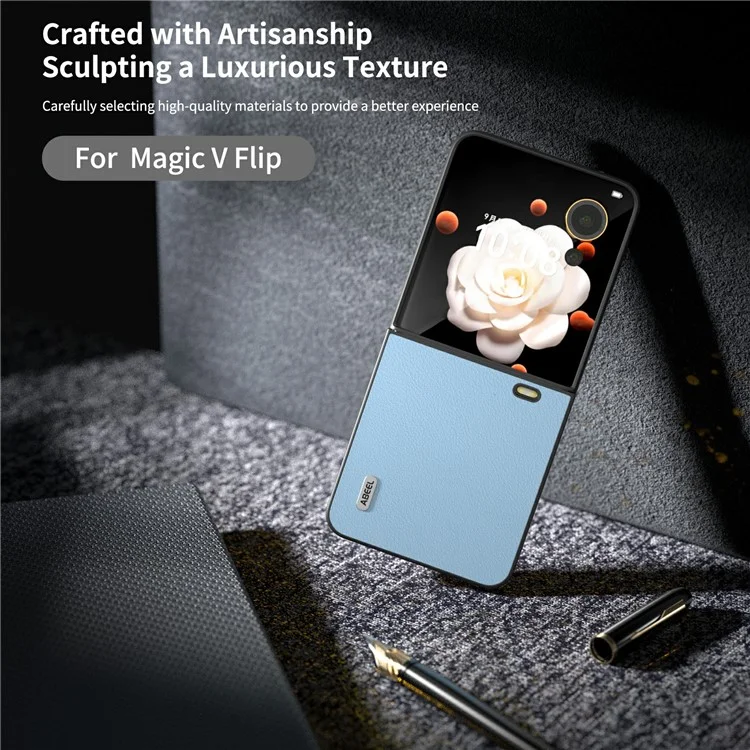 ABEEL For Honor Magic V Flip 5G Case Wave Texture Genuine Cow Leather+PC Phone Cover - Azul
