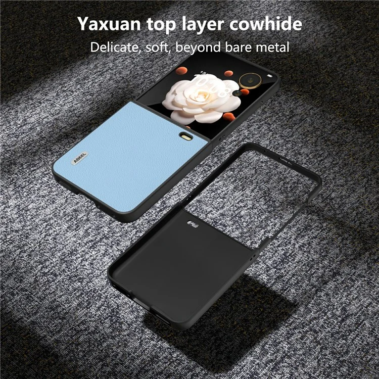 ABEEL For Honor Magic V Flip 5G Case Wave Texture Genuine Cow Leather+PC Phone Cover - Azul