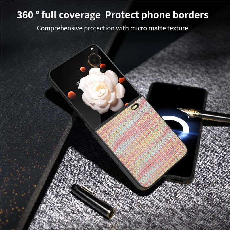 For Honor Magic V Flip 5G Case Plaid Texture Leather Coated PC Phone Cover - Pink