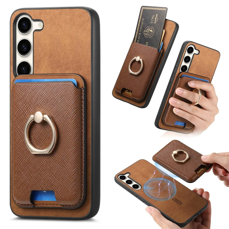 For Samsung Galaxy S23+ Magnetic Phone Case with Cross Texture Detachable Card Bag - Brown