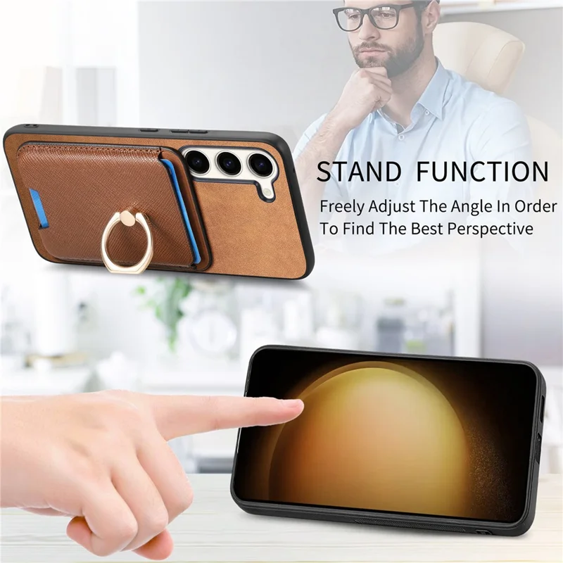 For Samsung Galaxy S23+ Magnetic Phone Case with Cross Texture Detachable Card Bag - Brown