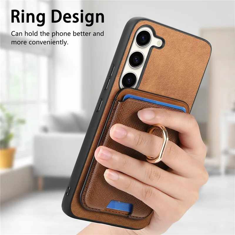 For Samsung Galaxy S23+ Magnetic Phone Case with Cross Texture Detachable Card Bag - Brown