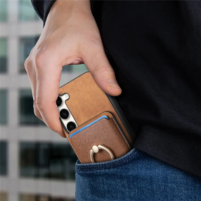 For Samsung Galaxy S23+ Magnetic Phone Case with Cross Texture Detachable Card Bag - Brown