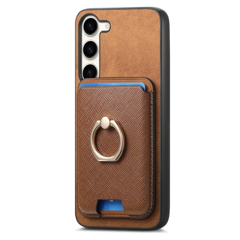 For Samsung Galaxy S23+ Magnetic Phone Case with Cross Texture Detachable Card Bag - Brown
