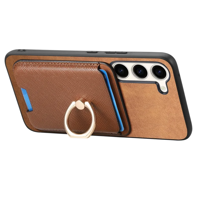 For Samsung Galaxy S23+ Magnetic Phone Case with Cross Texture Detachable Card Bag - Brown