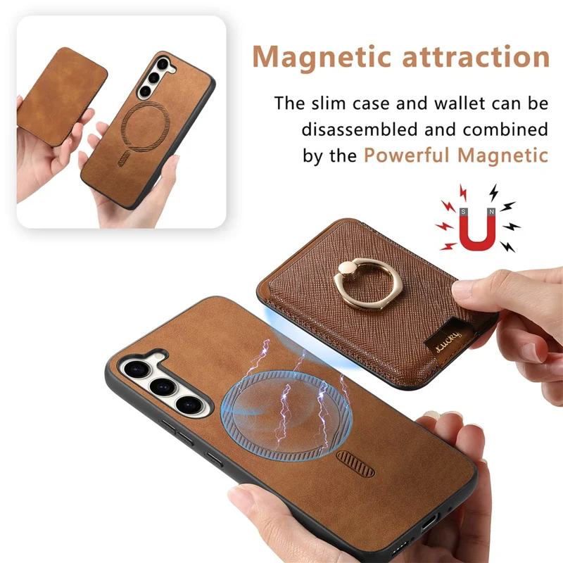 For Samsung Galaxy S23+ Magnetic Phone Case with Cross Texture Detachable Card Bag - Brown