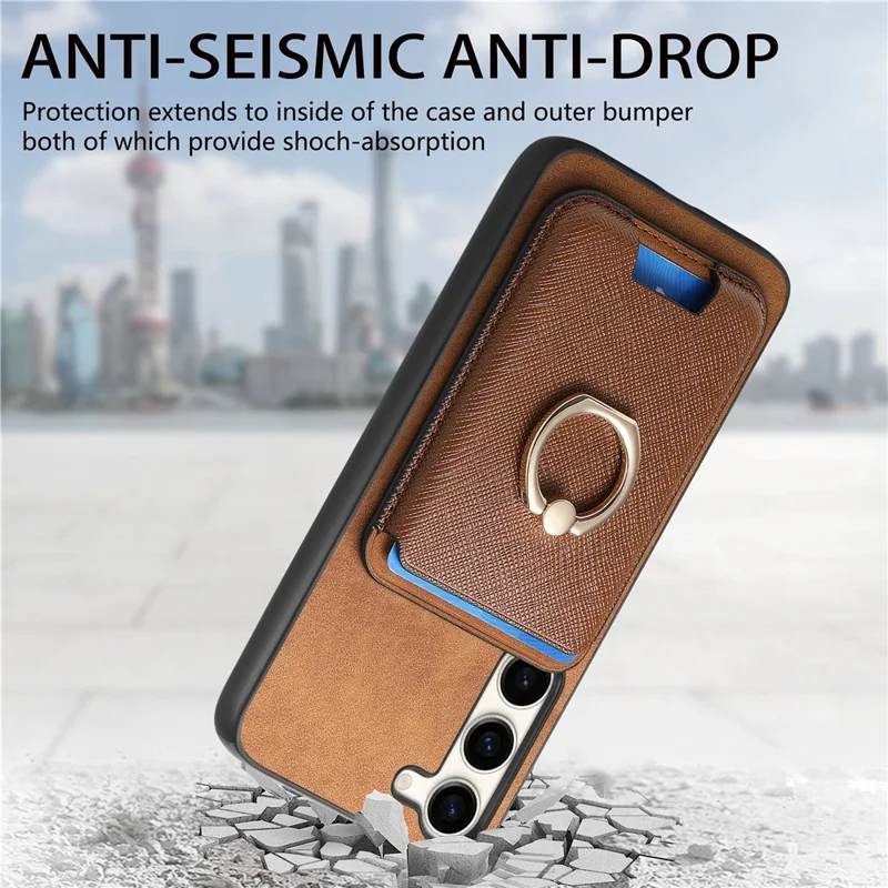 For Samsung Galaxy S23+ Magnetic Phone Case with Cross Texture Detachable Card Bag - Brown