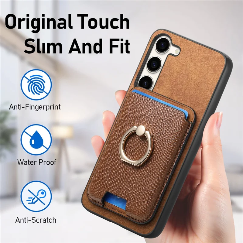 For Samsung Galaxy S23+ Magnetic Phone Case with Cross Texture Detachable Card Bag - Brown
