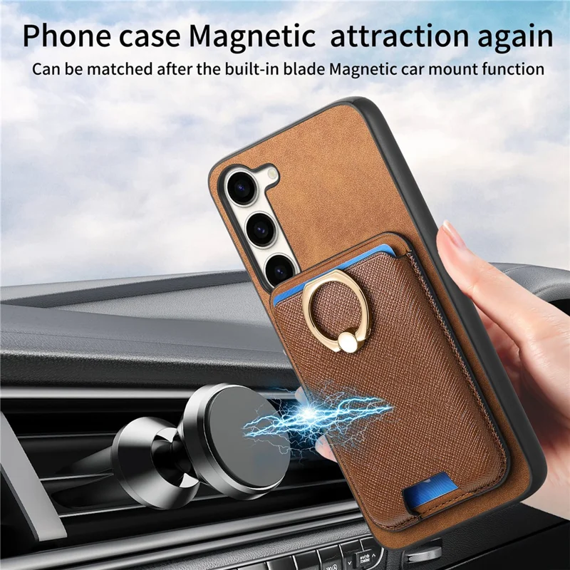 For Samsung Galaxy S23+ Magnetic Phone Case with Cross Texture Detachable Card Bag - Brown