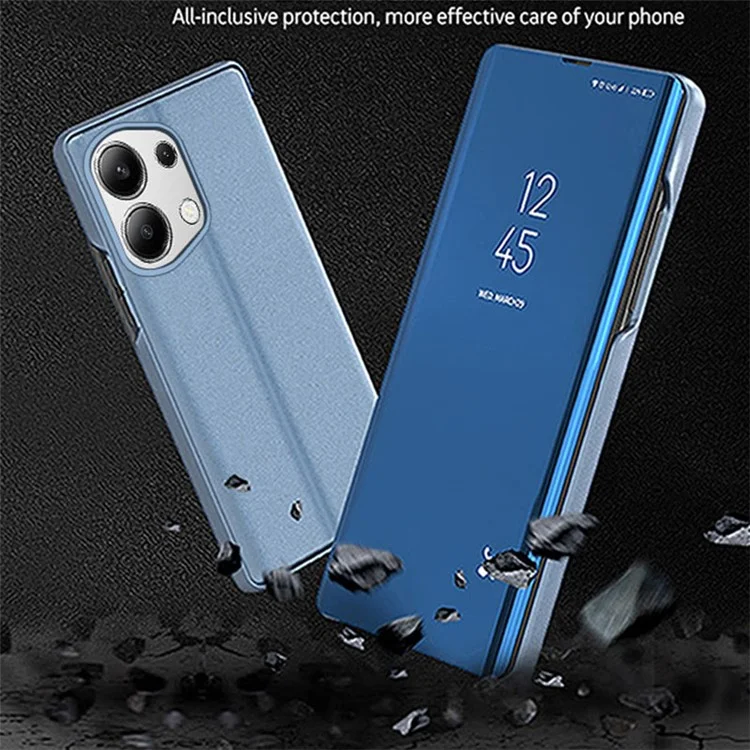 Para Xiaomi Redmi Note 13 4G Case View Window Electroplating Leather Phone Cover Stand - Azul