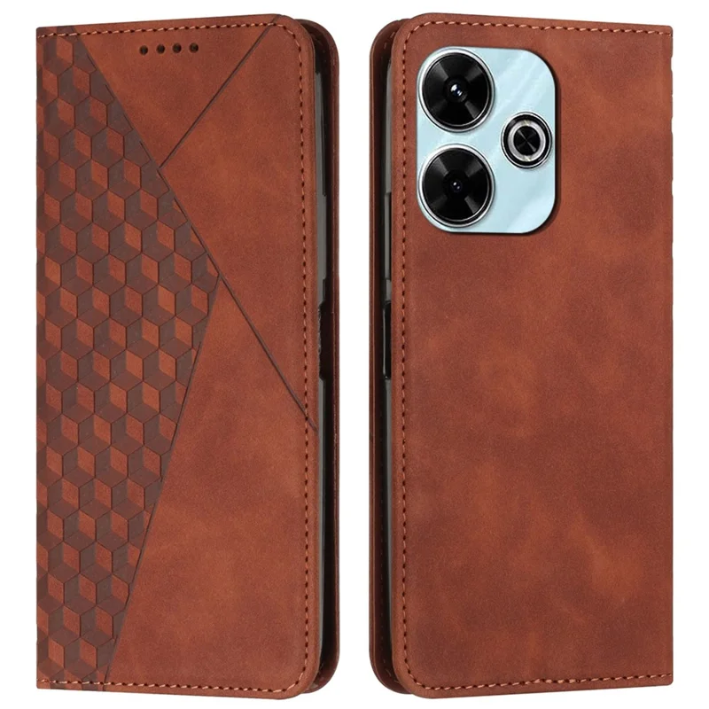 Per Xiaomi Poco M6 4G / Redmi 13 5G / 13 4G / Note 13R 5G Cover Rhombus Imprint Anti-Drop Leather Phone Case - Marrone
