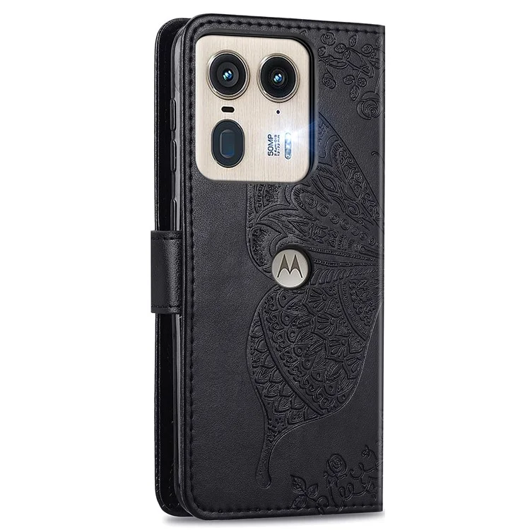 Para Motorola Edge 50 Ultra 5G / Moto X50 Ultra 5G Capa Borboleta de Couro Caso Telefone - Preto