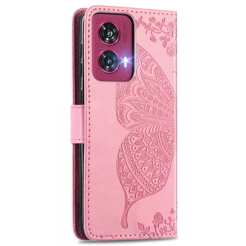Til Motorola Edge 50 Fusion 5G Taske PU Læder Sommerfugl Telefonbeskyttelse - Pink