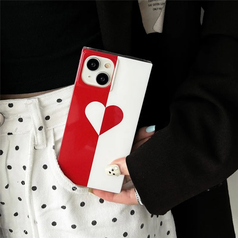 For iPhone 13 Case Square Shape Love Heart Pattern Glossy TPU Anti-Drop Phone Cover