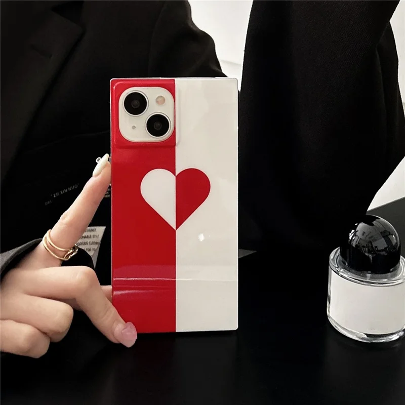 For iPhone 13 Case Square Shape Love Heart Pattern Glossy TPU Anti-Drop Phone Cover