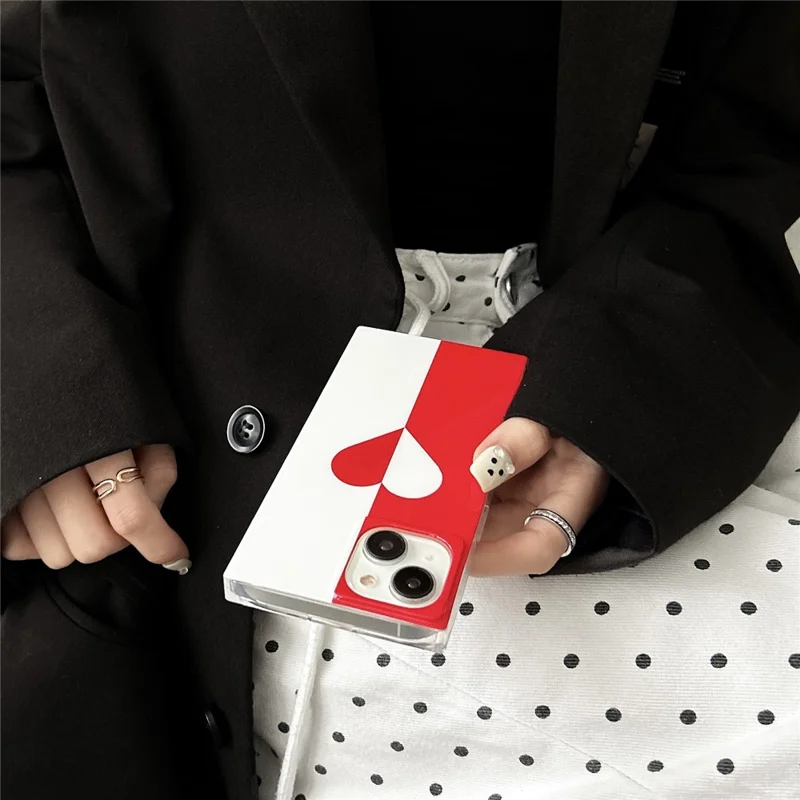 For iPhone 13 Case Square Shape Love Heart Pattern Glossy TPU Anti-Drop Phone Cover