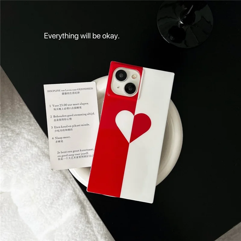 For iPhone 13 Case Square Shape Love Heart Pattern Glossy TPU Anti-Drop Phone Cover