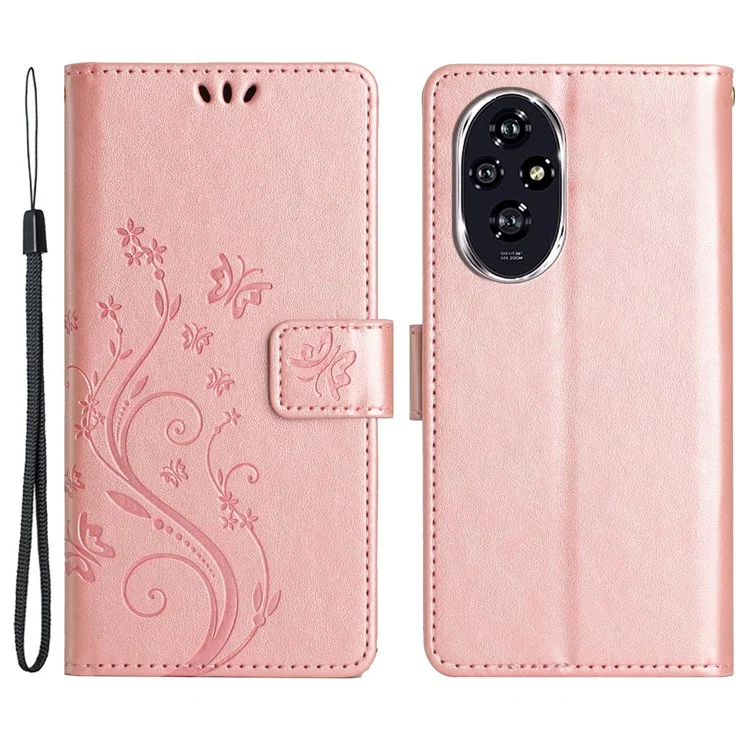 Для Honor 200 5G Case Butterfly Flower Wallet PU Leather Flip Cover - Rose Gold