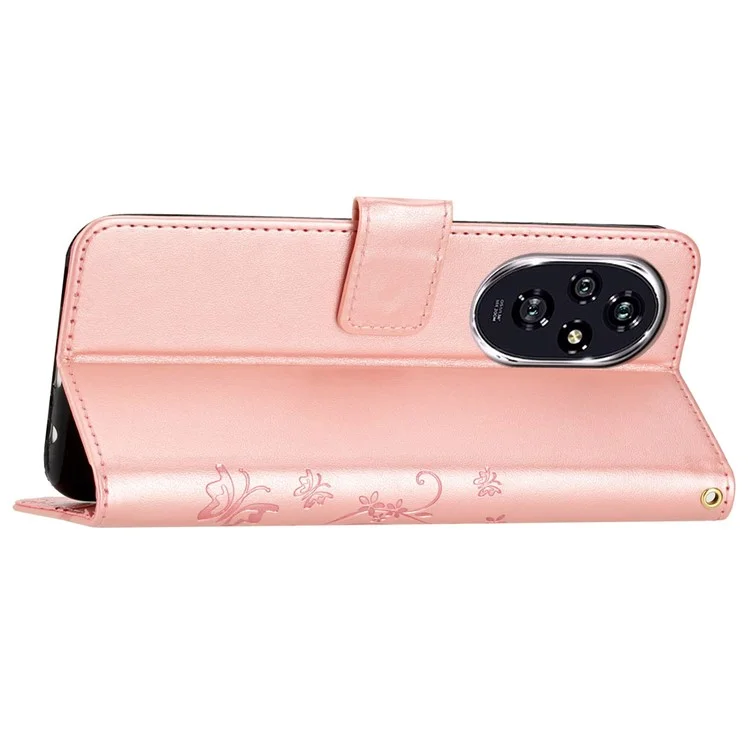 Для Honor 200 5G Case Butterfly Flower Wallet PU Leather Flip Cover - Rose Gold