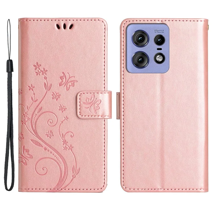 Para Motorola Edge 50 Pro 5G Wallet Case Butterfly Flower Phone Leather Cover - Rose Gold